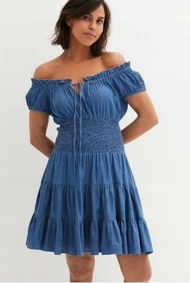 FREEMANS Hombro Descubierto Vestido Mini en Azul Bleach Vaqueros GB 10 (fm229-4) - Imagen 1 de 4