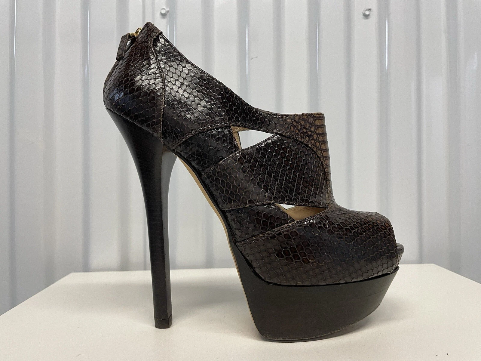 Décolleté donna Fendi marroni pelle goffrata pitone plateau punta aperta IT 39 US 8 5