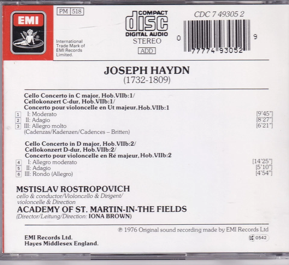 MSTISLAV ROSTROPOVICH - Haydn: Cello Concertos - EMI CD 1991 - Bild 2 von 2
