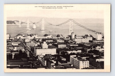 Postcard California Oakland San Francisco Bay Bridge Construction Aerial 1930s 