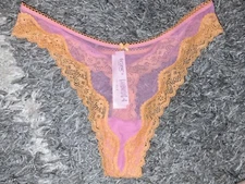 VS Lace Trim Mesh High Leg Thong NEW SIZE Medium Orange/Pink