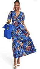 Tabitha Brown x Target Mixed Floral/Polka Dot Puff Sleeve Boho Maxi Dress Sz 2