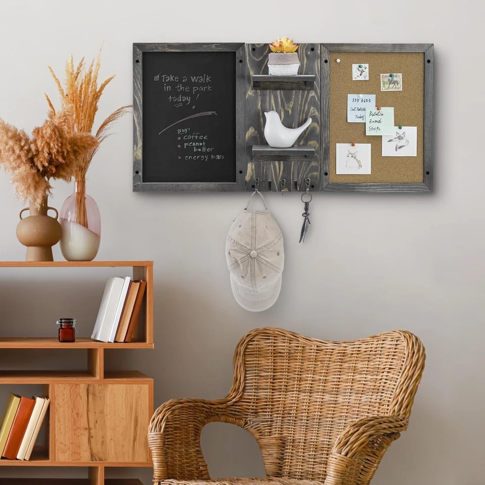 Wall Mounted Gray Wood Entryway Bulletin Board Combo Set, Wall Organizer w/ Hook - Image 2 of 4