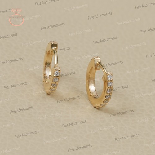 Pave Diamond Solid 14k Gold Huggie Hoop Earrings Dainty Gold Jewelry (Pair) New - Picture 4 of 10