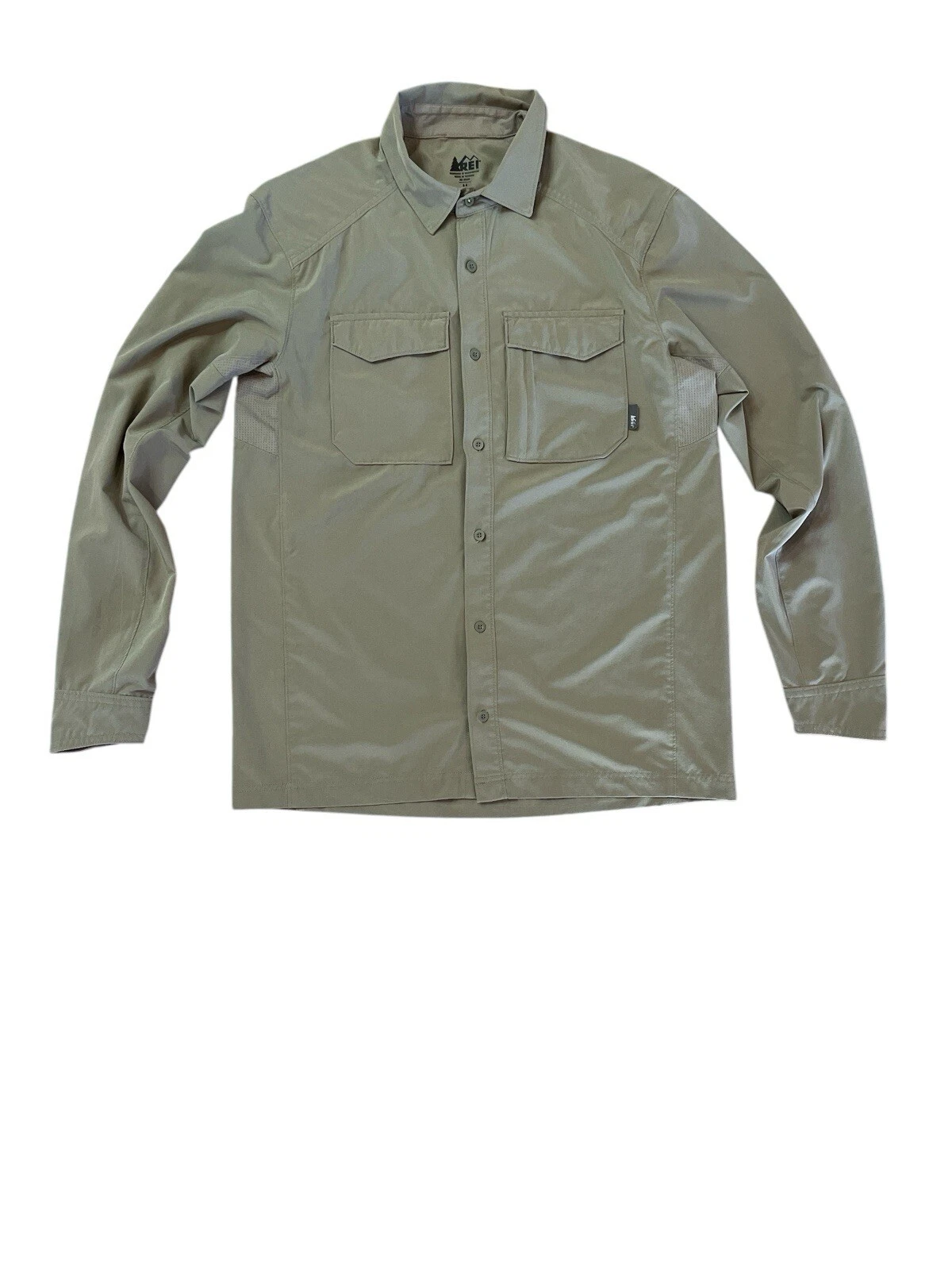 REI Co-op Shirt Mens Medium Khaki Brown Solid Button Up Hiking Fishing Vented