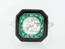 Beautiful 1.20 CT White CZ & Black Onyx & Green Emerald 925 SS Wedding Fine Ring