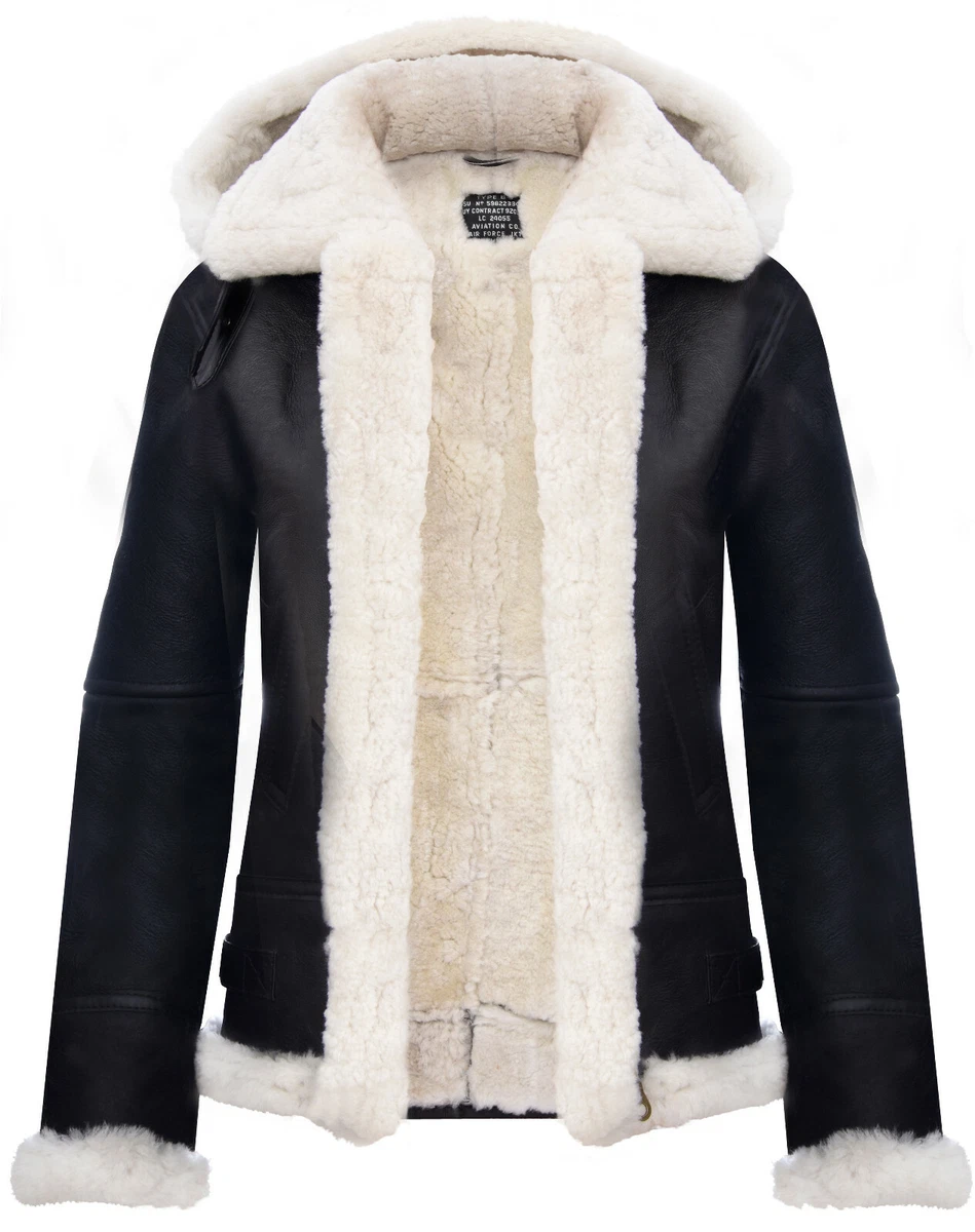 Womens Hooded Sheepskin Jacket B3 Flying Leather RAF Aviator Pilot