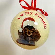 I Love My POODLE Christmas Ornament Chocolate Dog Sparkle Ball Red Ribbon 2  