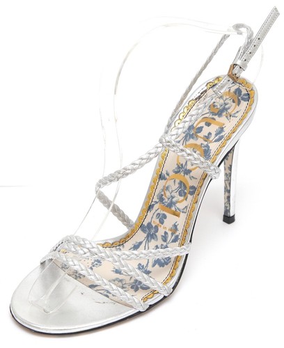 GUCCI Sandal Metallic Silver Leather HAINES Strappy Floral Sz 38 - Picture 3 of 10