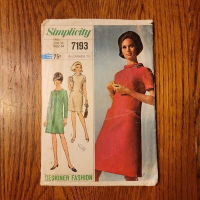 1960's SIMPLICITY #7193 LADIES A-LINE DRESS w/wo BIAS COLLAR PATTERN 14 Bust 34