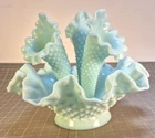 Fenton Light Green/Blue Milk Glass Hobnail Epergne Flower Vase 3 Horns Bowl    c
