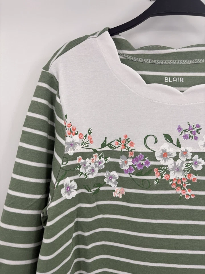 Blair 三分袖边框印花条纹束腰上衣,尺寸 L,全新无标签 — 第 4/4 张图片