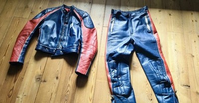 HARRO Damen Lederkombi Vintage KAWA Echtleder Rot/Blau XS 32/34 Retro Motorrad