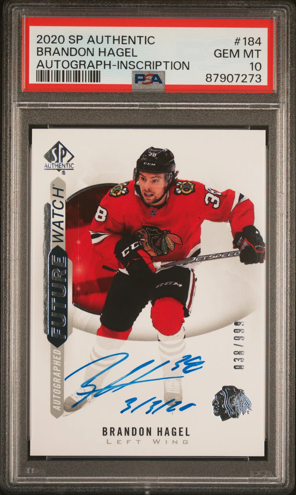 2020-21 SPA Brandon Hagel Future Watch Auto Inscribed JERSEY # 038/999 PSA 10 view 1