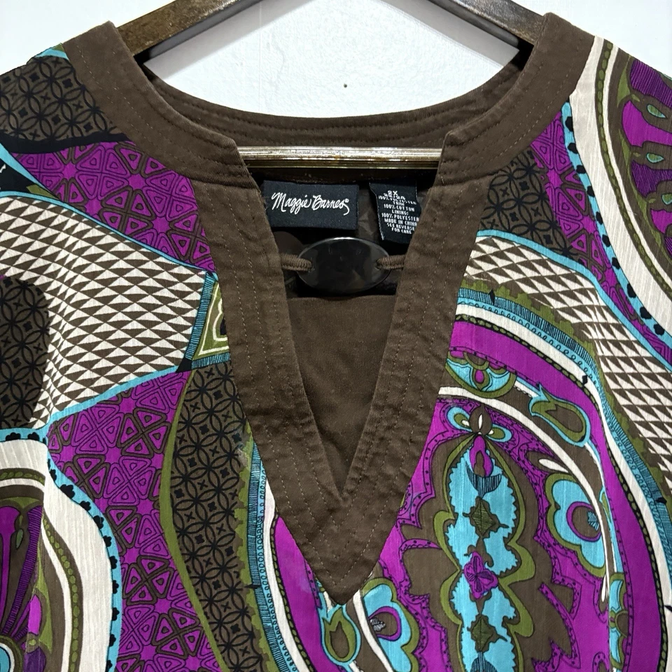 Maggie Barnes Blouse Womens 2X Purple Brown Geometric Artsy Sheer Flare Sleeves - Image 3 of 4