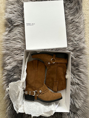 TOGA VIRILIS Brown Suede Western Mid-Calf Boots Square Toe Buckle Straps