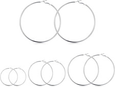 4 Pairs Sterling Silver Hoop Earrings, 14K White Gold Plated Big Hoop Earrings S