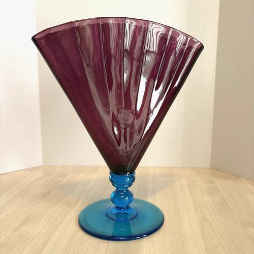 MCM Swirl Fan Art Glass Vase Purple Teal Footed Pedestal Steuben-Style Decor 8”