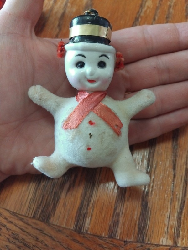 Vintage 1940s Flocked Plastic Frosty The Snowman Christmas Ornament