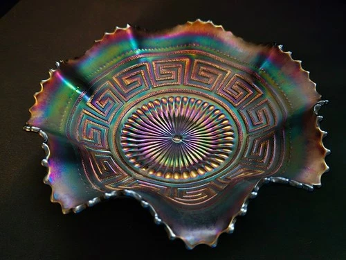 Vintage Northwood Amethyst Carnival Glass Greek Key Ruffled Bowl