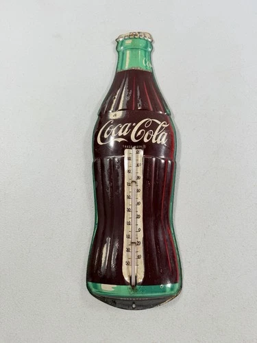 VINTAGE ROBERTSON COCA-COLA BOTTLE ADVERTISING TIN METAL THERMOMETER 16 1/2"