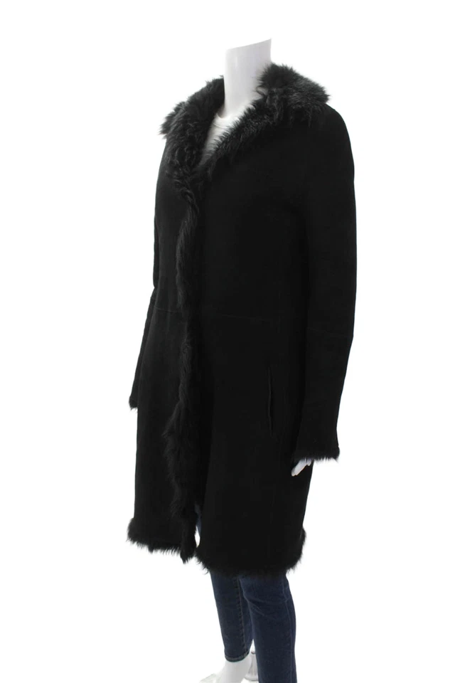 Joseph Womens Hook Front Shearling Lined Suede Coat Black Size FR 38 - Image 2 of 4