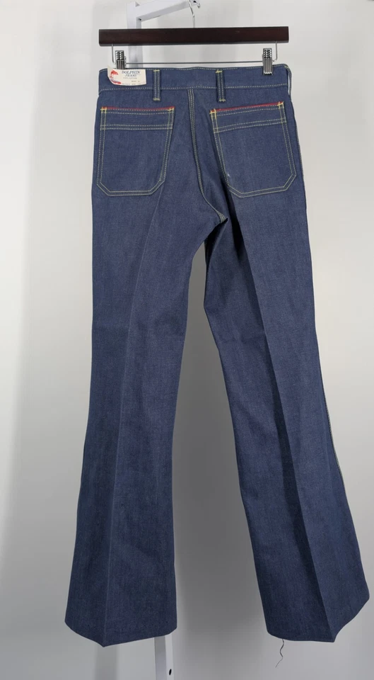 Vintage 70s Bell Bottom Indigo Denim Jeans Hippy NWT 28 31 Flare Rockabilly - Image 3 of 4