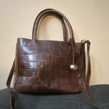 Etienne Aigner Brown Crocodile Embossed Satchel Top Handle Bag Metal Charm