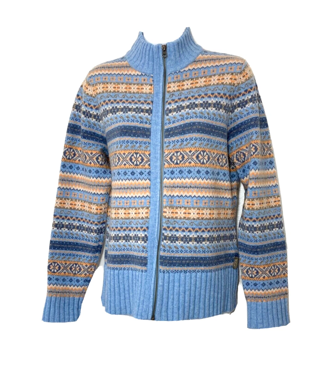 WOOLRICH BLUE WOOL FAIR ISLE FULL ZIP CARDIGAN SWEATER WOMEN S S eBay