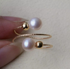 AAA 6-7mm Stunning natural Akoya white round pearl rings Elasticity 14k Gold