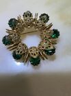 Goldtone Filigree Circle Brooch Pin Vintage Emerald Green Tone Rhinestone