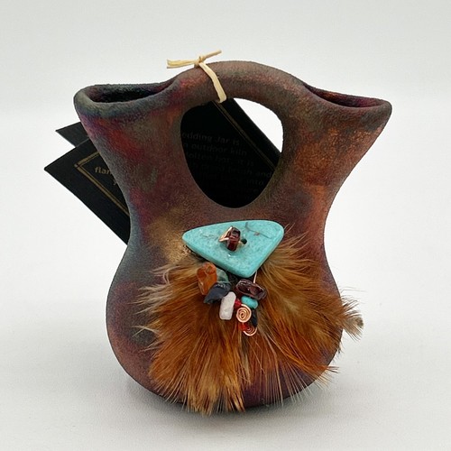Jeremy Diller Raku Pottery Mini Wedding Vase Turquoise Stone Copper & Feathers