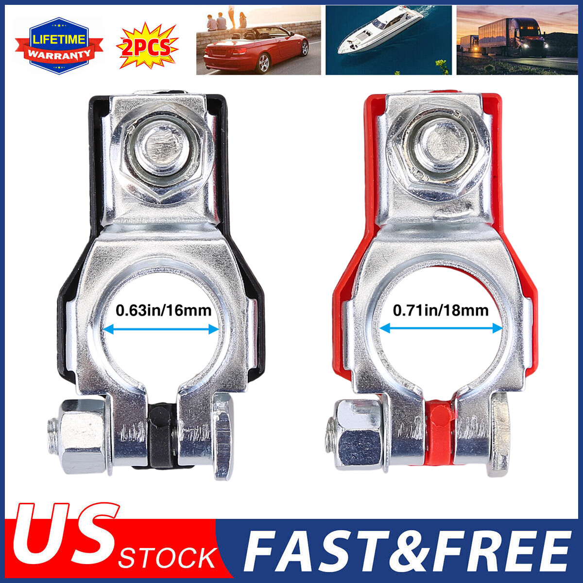 2 X CAR BATTERY TERMINAL CLAMP CONNECTORS POSITIVE NEGATIVE RELEASE DISCONNECT