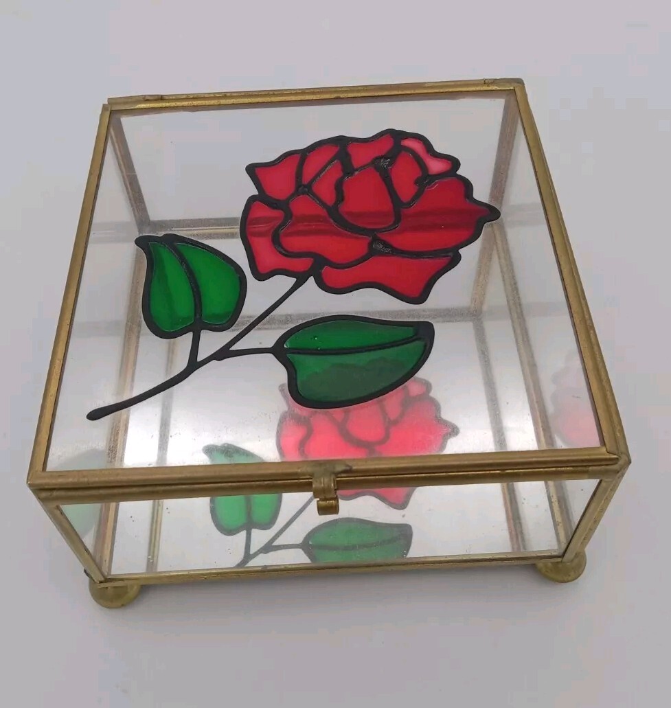 Vintage Stained Glass Metal Jewelry Ring Dresser Vanity Trinket Box Red  Rose