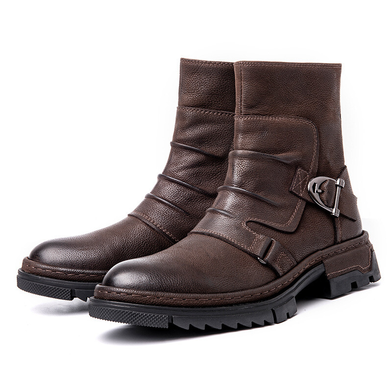Retro American Style Mens Buckle Motorcycle Real Leather Ankle