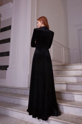 Luxury Black Velvet Fit & Flare Dress with Long Sleeves - Evening and  Wedding