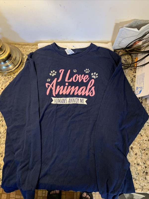 I LOVE ANIMALS HUMANS ANNOY ME LONG-SLEEVE PULLOVER KNIT SHIRT SIZE XL NAVY NEW 
