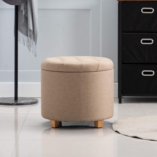 HNNHOME 45cm Round Linen Ottoman Storage Stool Box, Footstool Pouffe - Picture 4 of 12