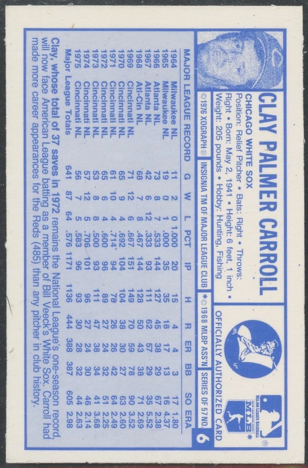 1976 Kellogg's #6 Clay Carroll Cincinnati Reds - Image 2 of 2