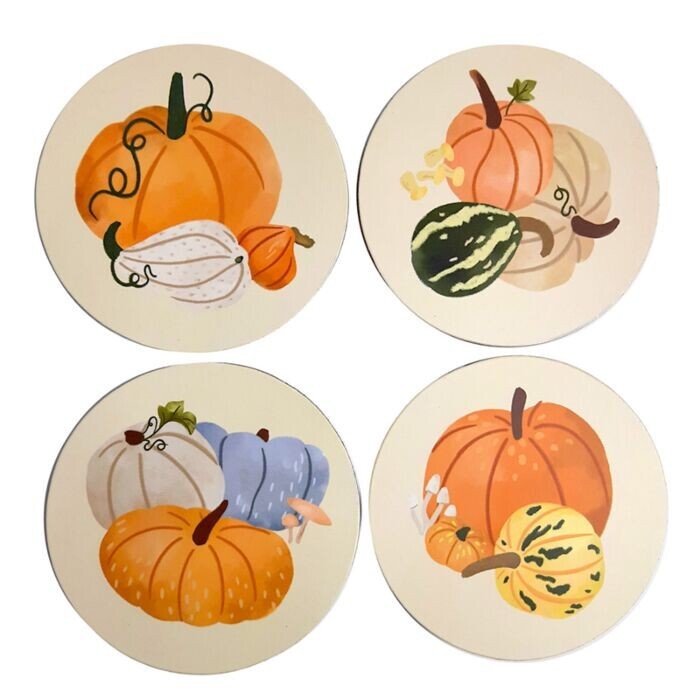 SET OF 4 AUTUMN HARVEST PUMPKIN ROUND CORK BACK COASTERS