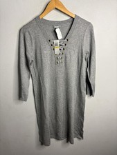 Neiman Marcus Sweater Dress Womens Medium Gray Lace Up V Neck Knit 3/4 Sleeve