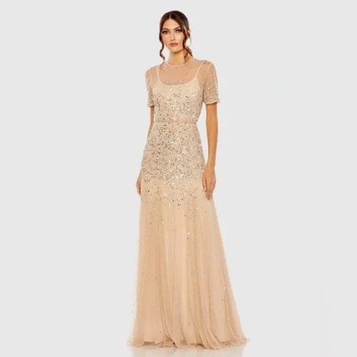 MAC DUGGAL HIGH NECK SHORT SLEEVE SEQUIN EMBELLISHED DRESS NUDE SILVER 8 93909