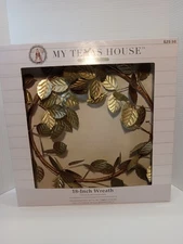 My Texas House Wreath Gold Metal Leaves 18" Farmhouse Rustic Christmas Holidays