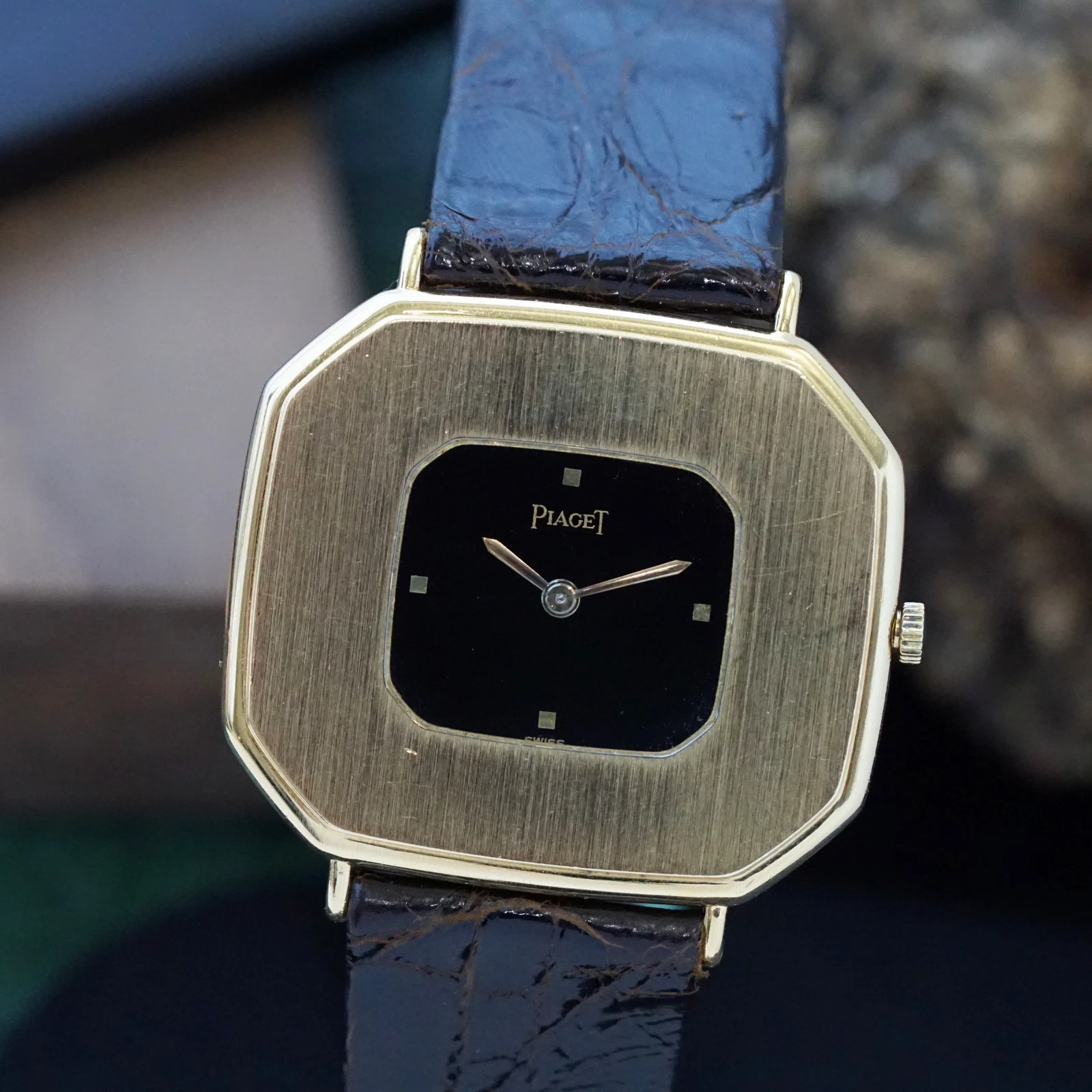 Piaget — Piaget Vintage Ultra-Thin 99131 Cushion 18k Gold Black Dial Manual Wind 1960-70s