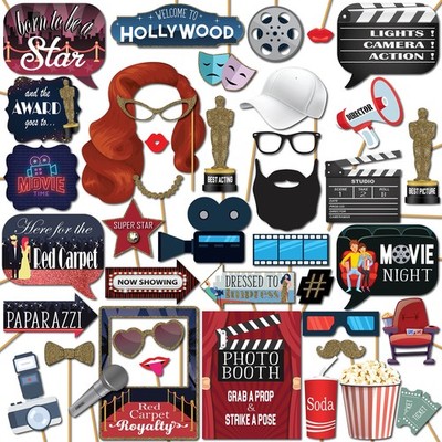 Hollywood Photo Booth Props - 41-pc Photobooth Kit with 8 x 10-Inch Sign, 60