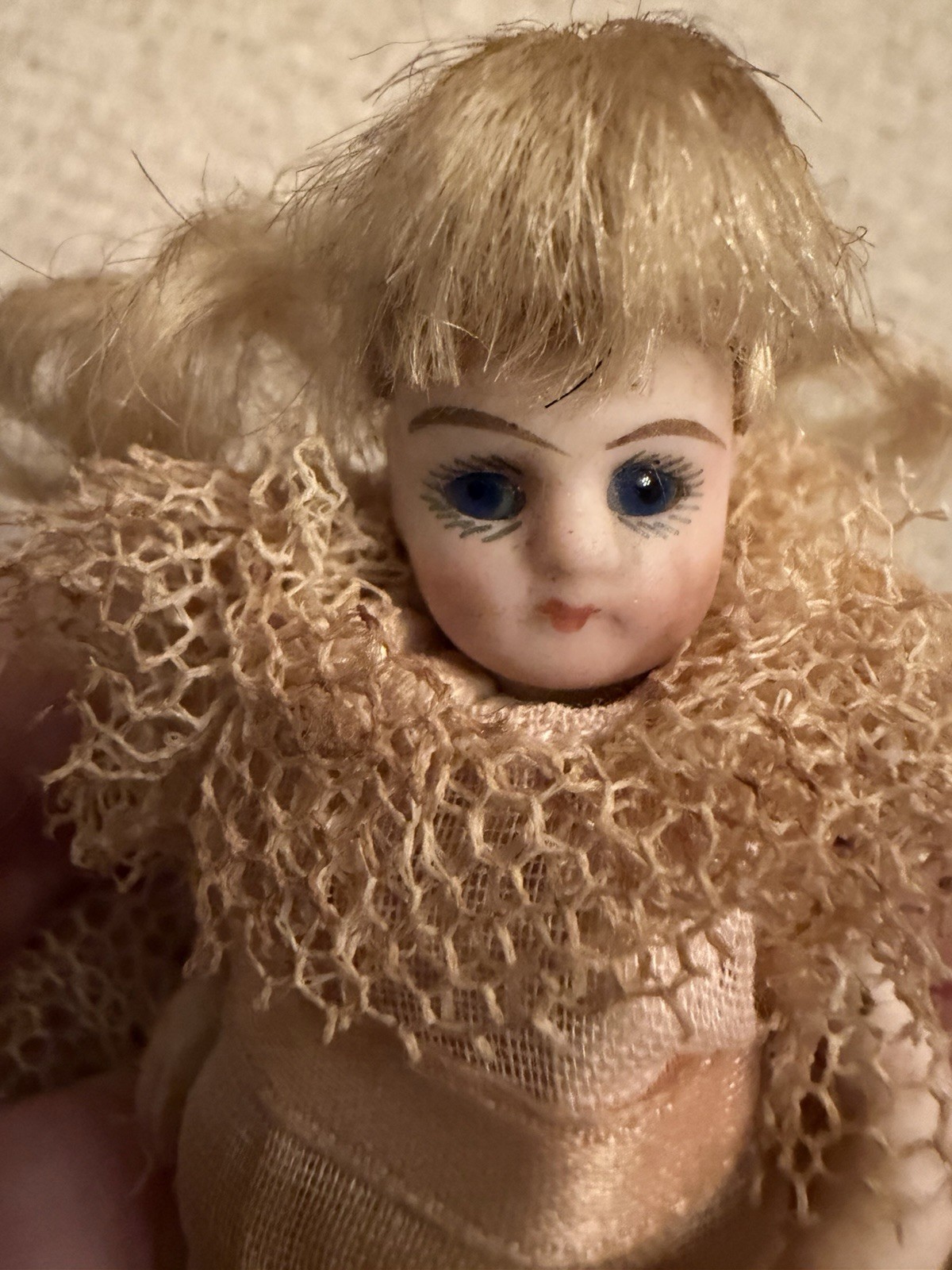 Antique 3” All Bisque Swivel Neck Doll Glass Eyes Orig Wig & Outfit Mignonette
