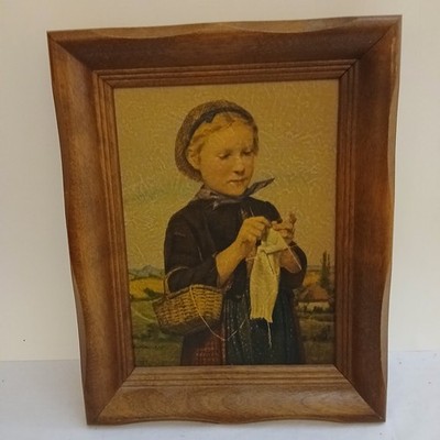 Vintage framed Print  ''Girl Knitting''  Albert Anker 7'' × 9'' By Aaron Bros 1946  