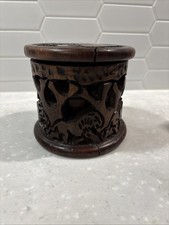 Vintage Hand Carved Ebony Wood 7 Coaster Set African Jungle Safari Animals Lid