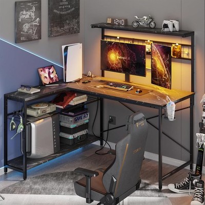 Gaming Desk 51'' L-Shaped, with Power Outlets & LED Lights- 4 Tier Shelves, Rever