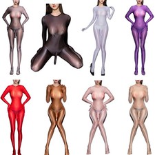 Men See Through Full Zentai Bodysuit Couple Games Jumpsuit Gloved Sleeve Nylon